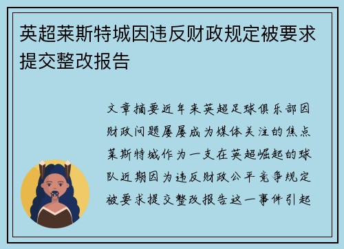 英超莱斯特城因违反财政规定被要求提交整改报告