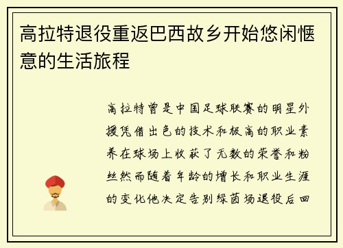 高拉特退役重返巴西故乡开始悠闲惬意的生活旅程